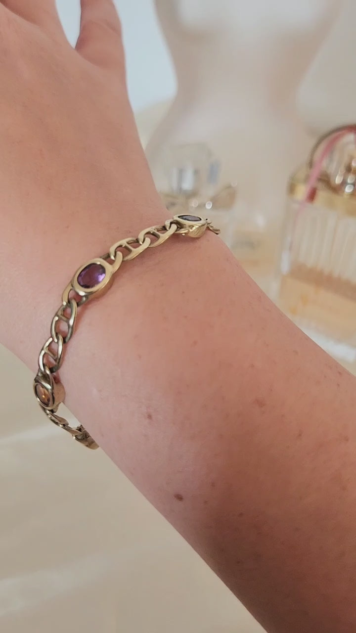 Vintage 14K Gold Multi Gemstone Bezel Curb Chain Link Bracelet