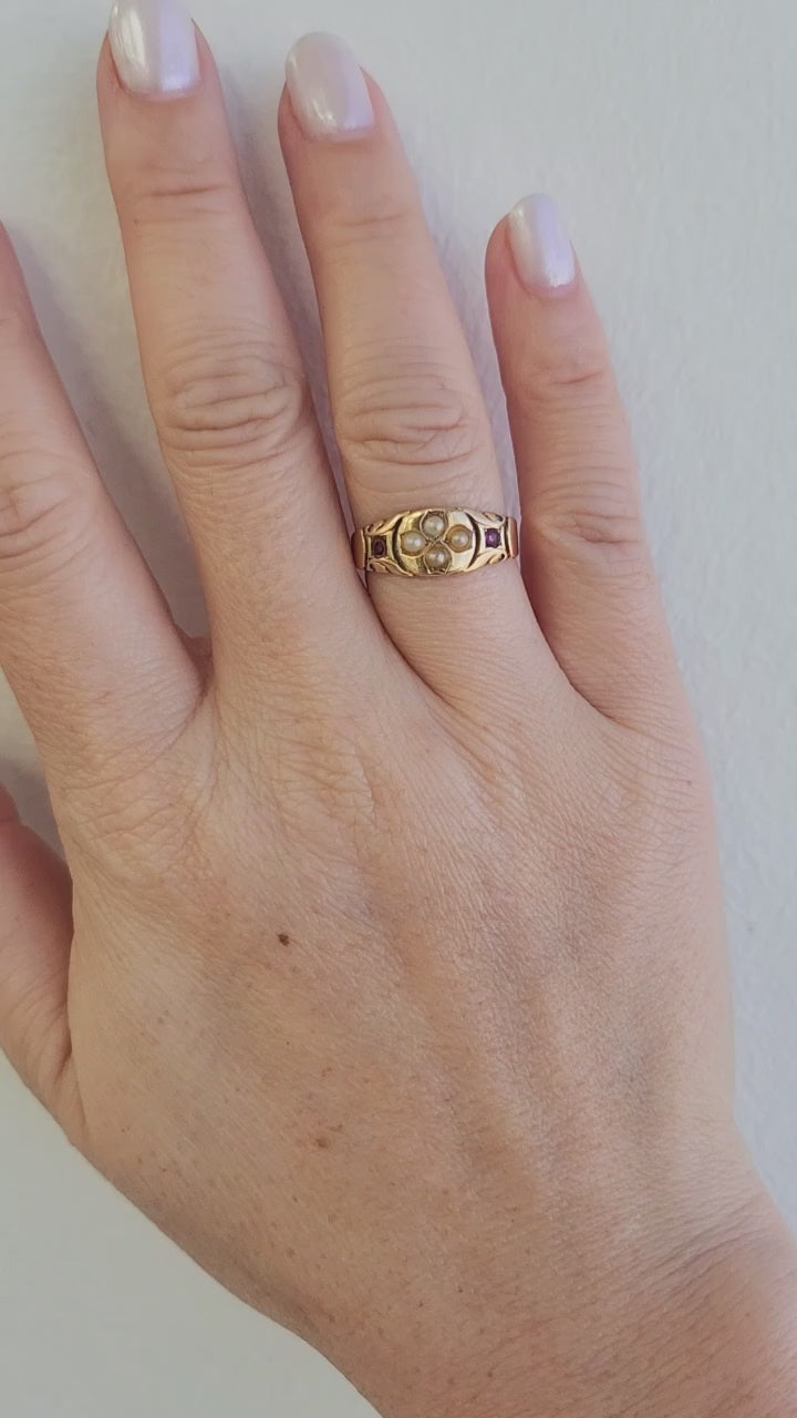 Victorian 15K Gold Seed Pearl and Ruby Ring Band