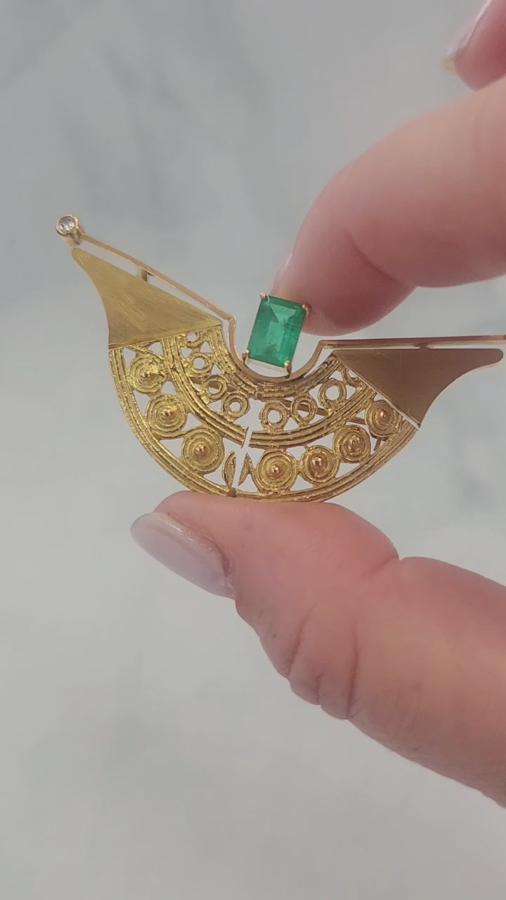 Vintage 18K Gold Colombian Emerald Pendant Brooch