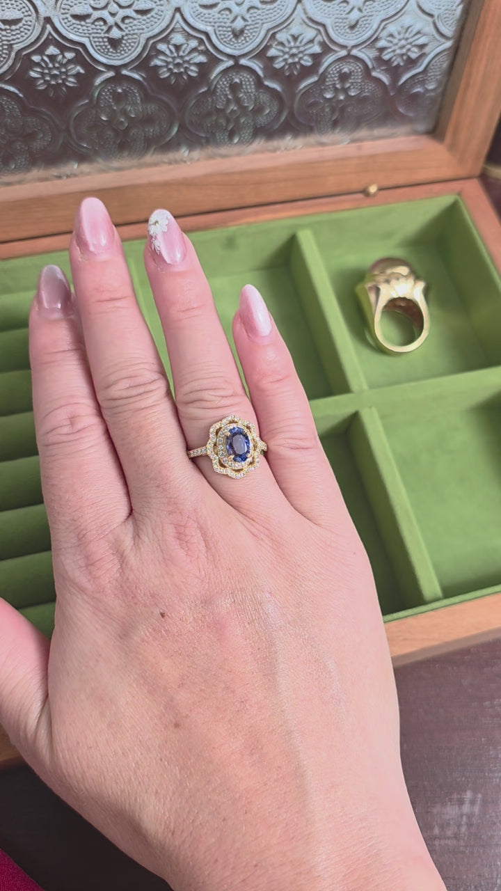18K Gold 2.01 Carat Sapphire Oval and Diamond Floral Halo Ring