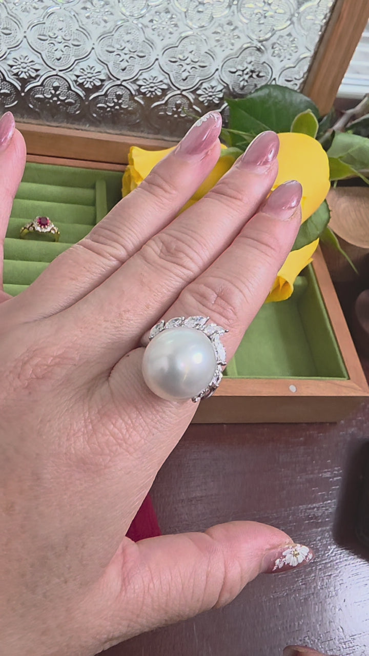 Vintage Plat South White Sea Pearl and Marquise Diamond Ring
