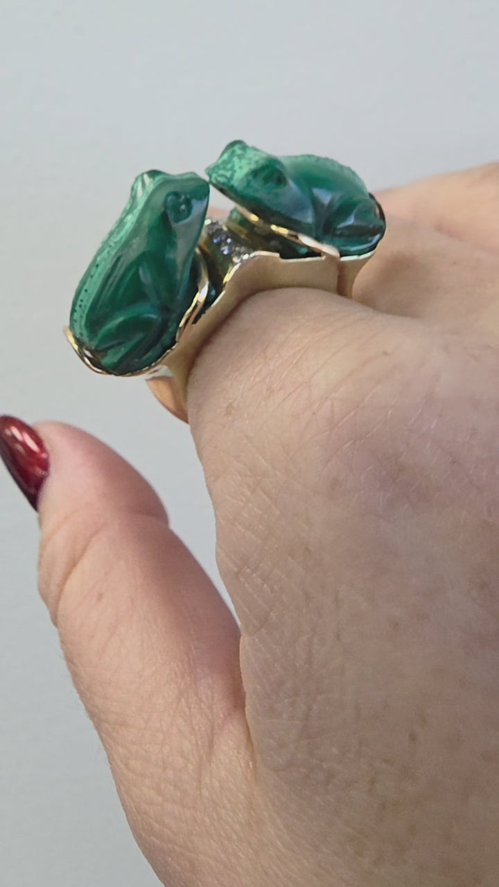 Vintage 14K Malachite and Diamond Kissing Frogs Artisan Ring