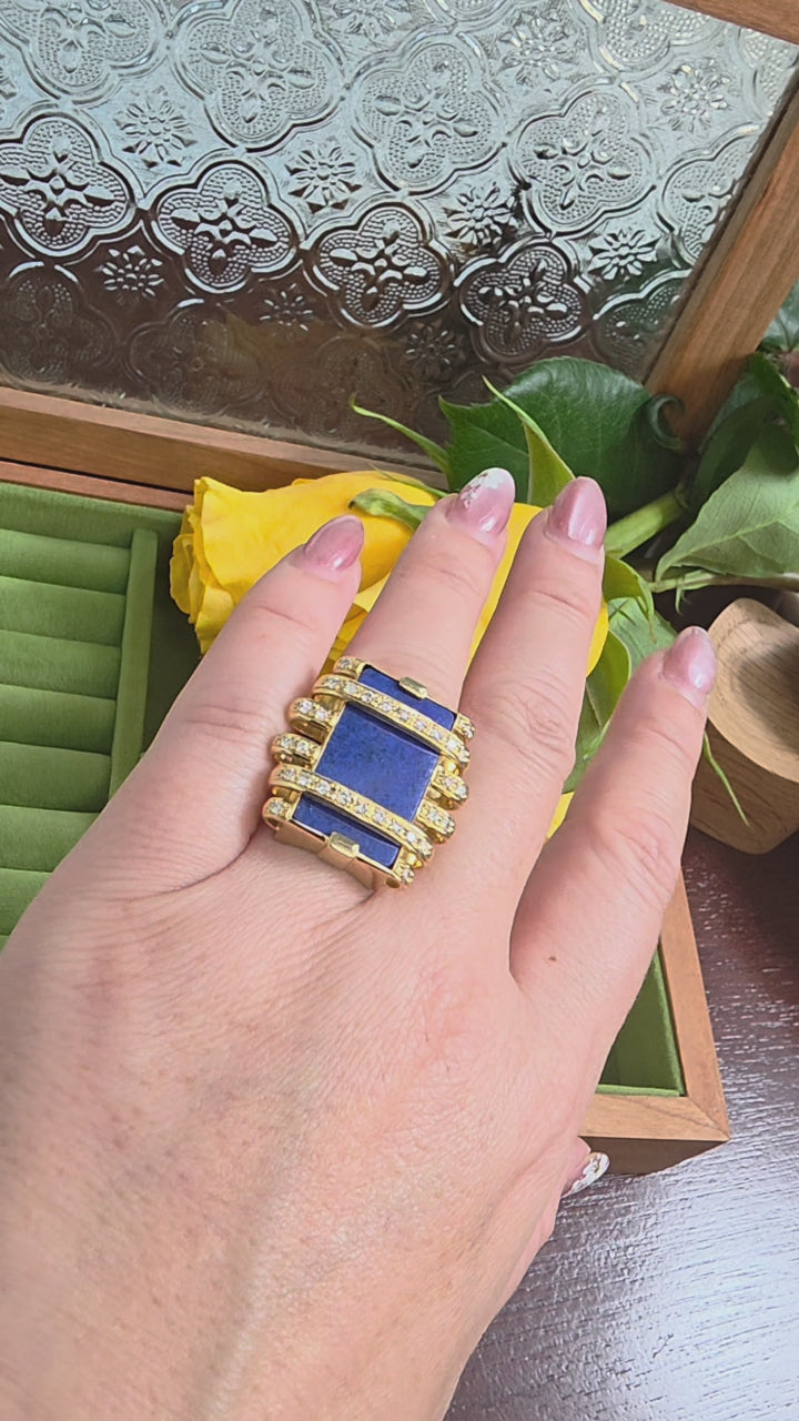 Vintage 18K Gold 9.03 Carat Lapis Lazuli and Diamond Sculptural Statment Ring