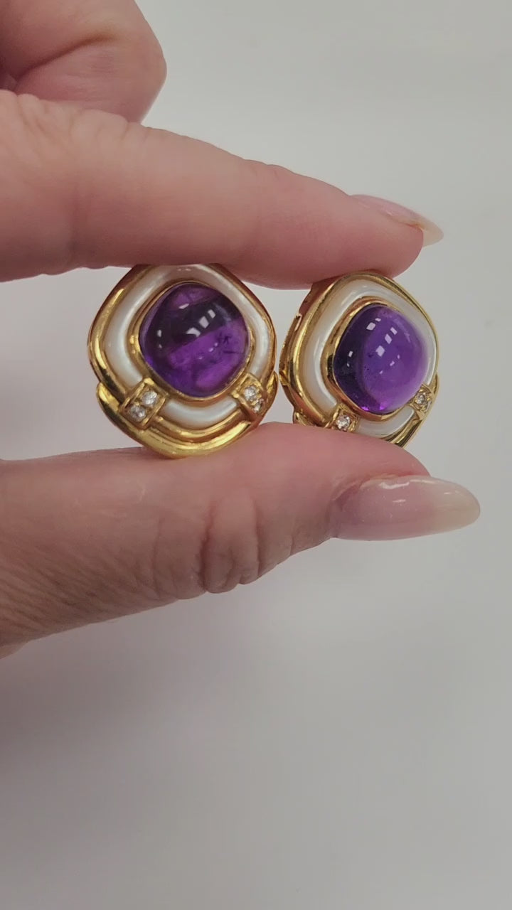 Vintage 1980s Amethyst Cabochon Diamond MOP Clip Earrings Cushion 18K Gold