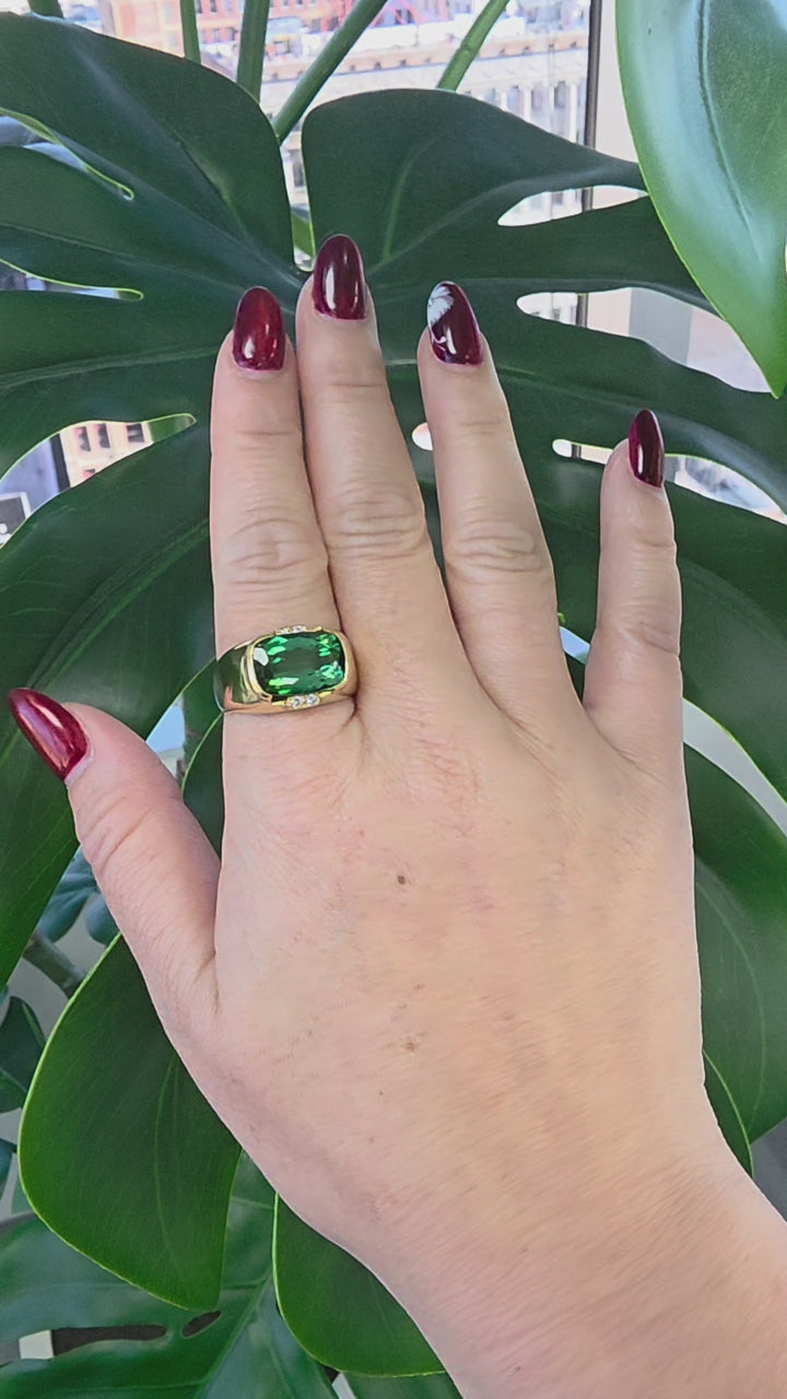 Vintage 18K Gold Green Tourmaline Elongated Cushion and Diamond Ring