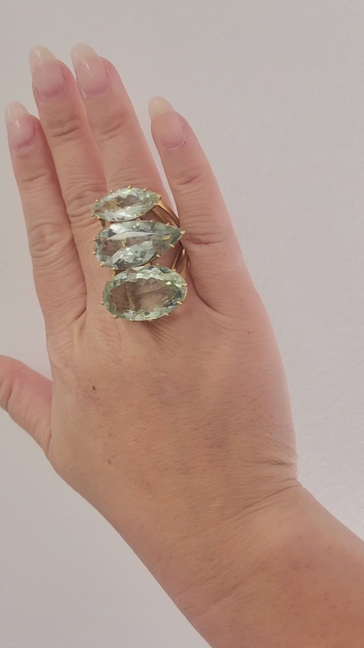 18K gold 35 Carats Tri of Aquamarine Statement Ring