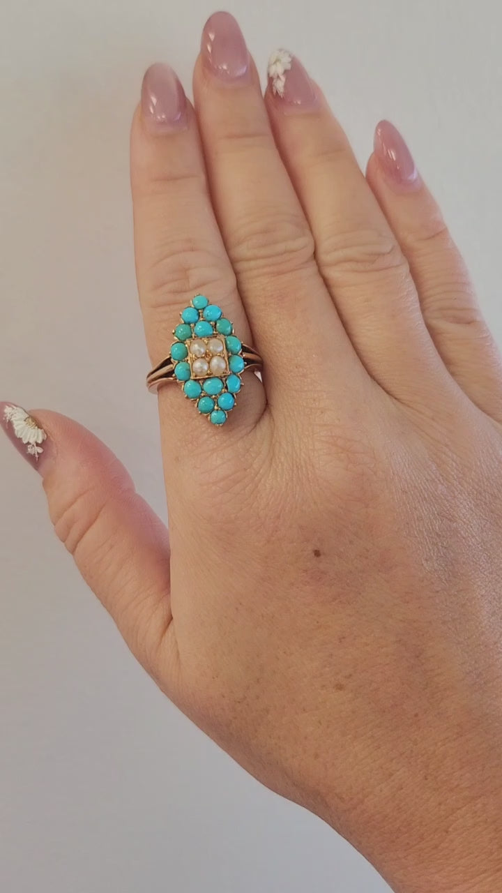 Vintage 18K Rose Gold Turquoise and Pearl Navette Ring