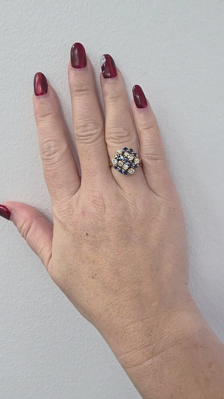 Vintage 14K Gold 1.70 Carats Montana Sapphire and Old European Cut Diamond Ring