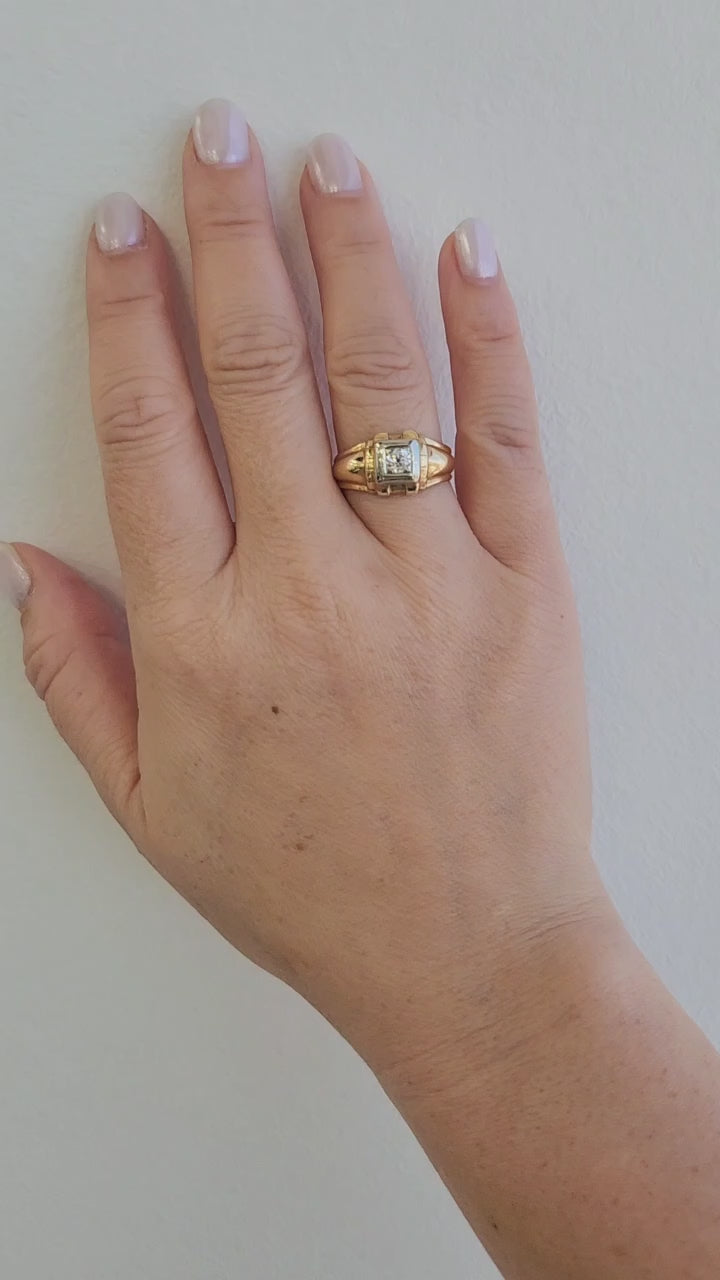 Retro 0.25 Carat Old Mine Cut Diamond Solitaire Ring Band 14k Two Tone Gold