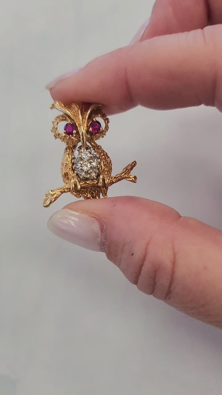 Vintage Owl Diamond and Ruby Eyes Brooch 14K Yellow Gold