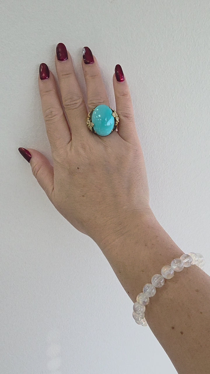 18K Gold 21.17 Carat Turquoise Oval Sapphire and Diamond Floral Ring