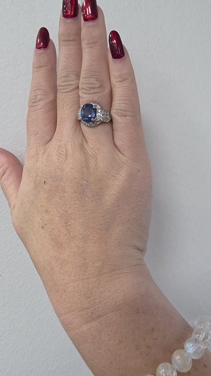 Art Deco Platinum 3 Carat No Heat Blue Sapphire Oval  GIA Diamond Ring