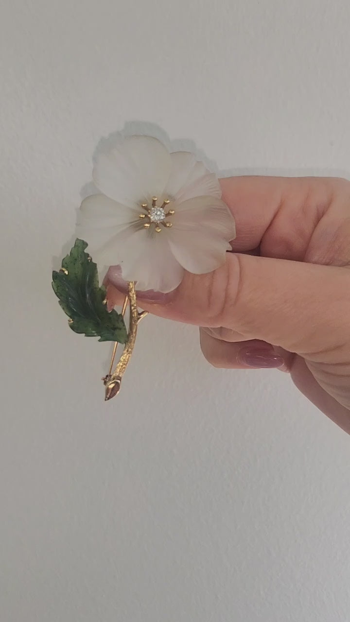 Vintage 14K Gold Quartz and Nephrite Flower Diamond Brooch