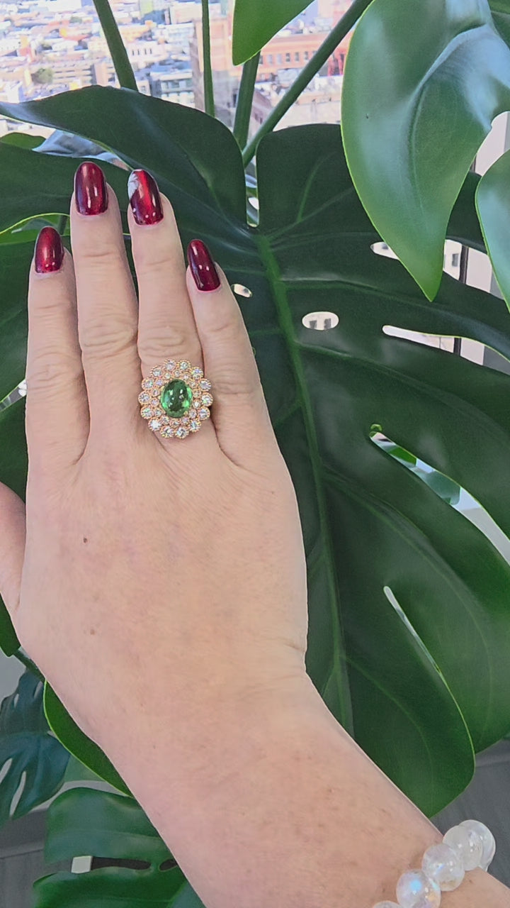 14K Rose Gold 3.95ct Tsavorite Cabochon Diamond Floral Ring