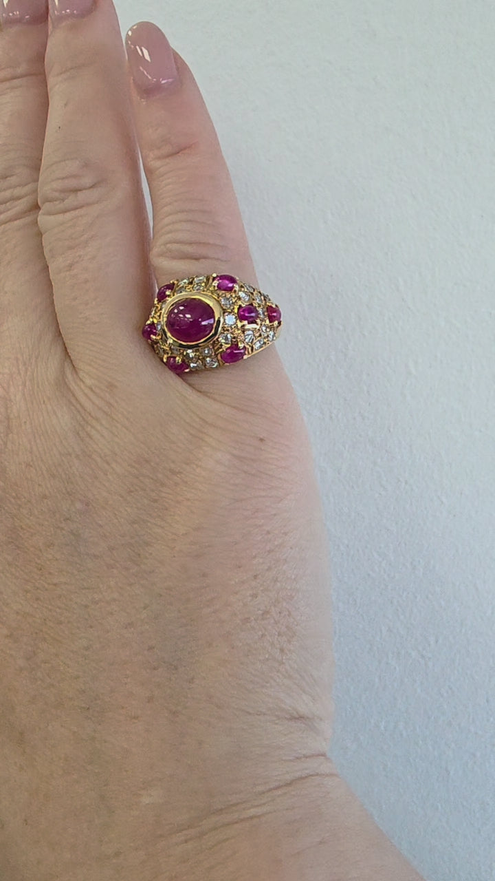 14K Gold 3.5 Carats Ruby Cabochon and Diamond Dome Ring