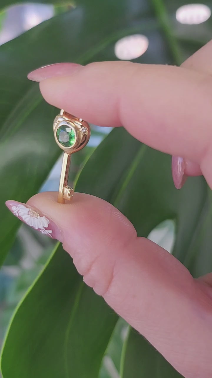 18K Gold Love Key Tsavorite Garnet Bezel and Diamond Pendant