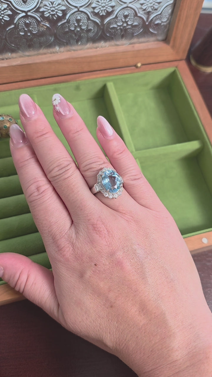 Vintage Platinum 6.47 Carat Oval Cut Aquamarine and Diamond Ring