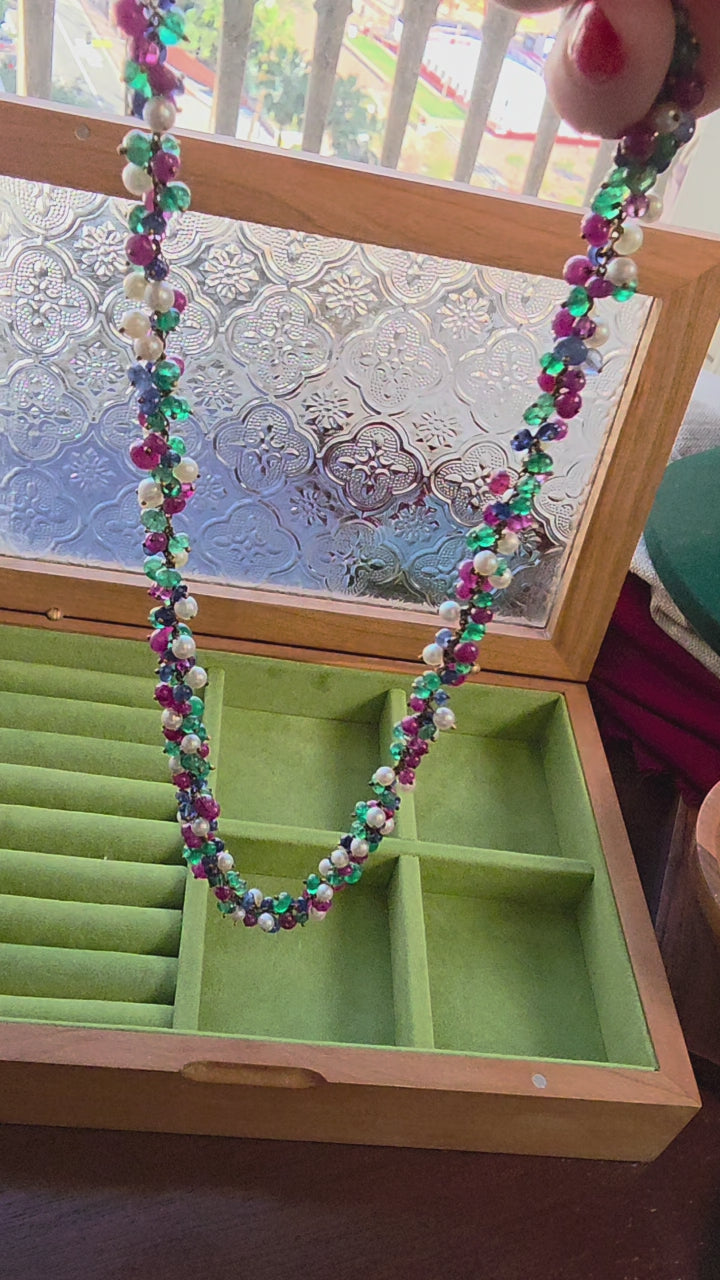 Vintage 1950s Multi Gem & Cultured Pearl Beaded 18K Gold Necklace