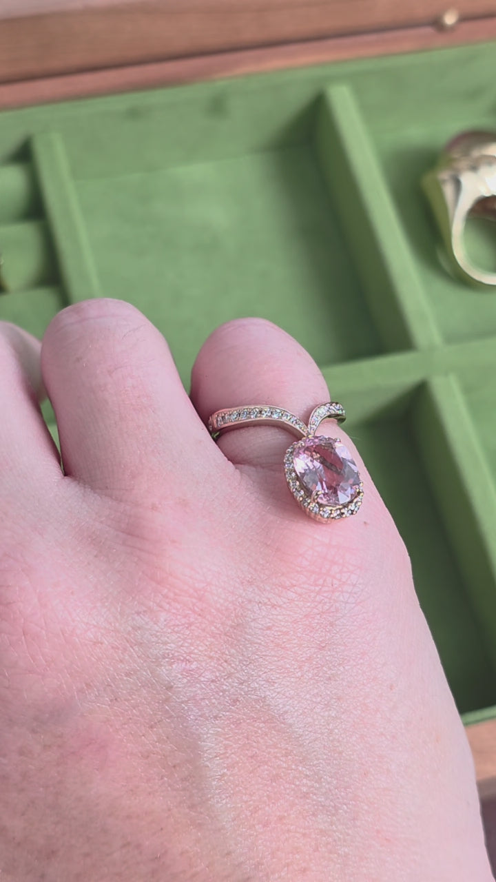 18K Rose Gold Morganite Oval Cut and Pave Diamond Ring