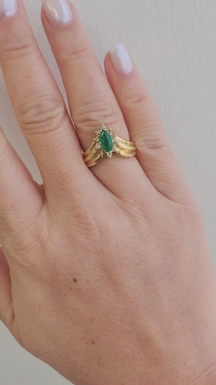 Vintage Emerald Marquise and Diamond Halo Cocktail Ring 14K Yellow Gold
