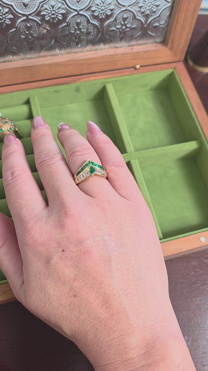 18K Gold Emerald Pear Shape and Diamond Channel Set Ring Band