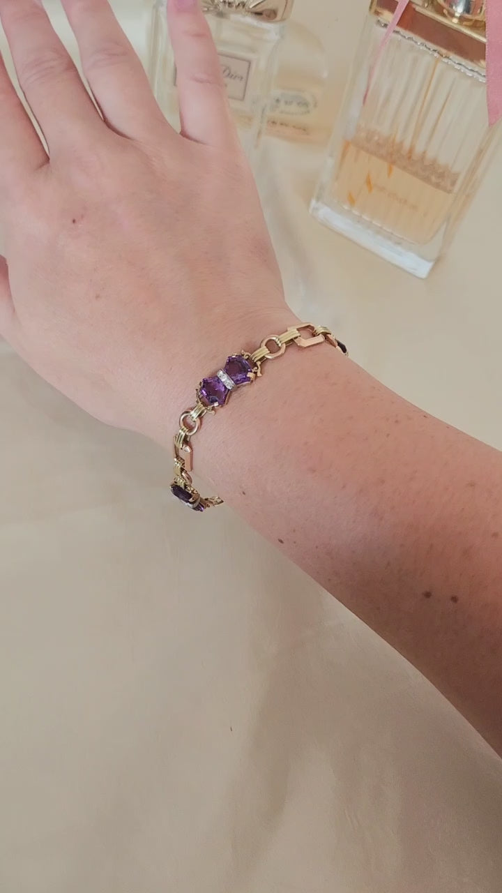 Vintage 14K Tri Gold Amethyst and Diamond Retro Bracelet