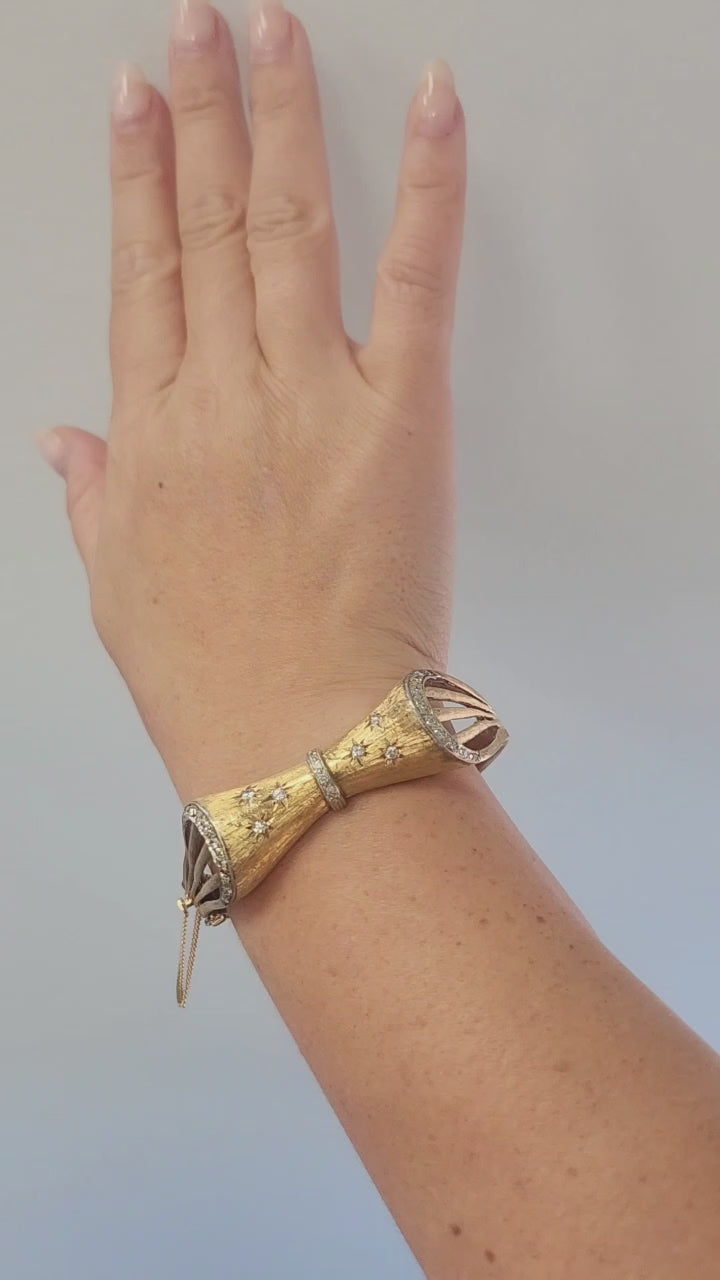Retro 14K Brushed Gold and Diamond Stars Bow Tie Bangle Bracelet