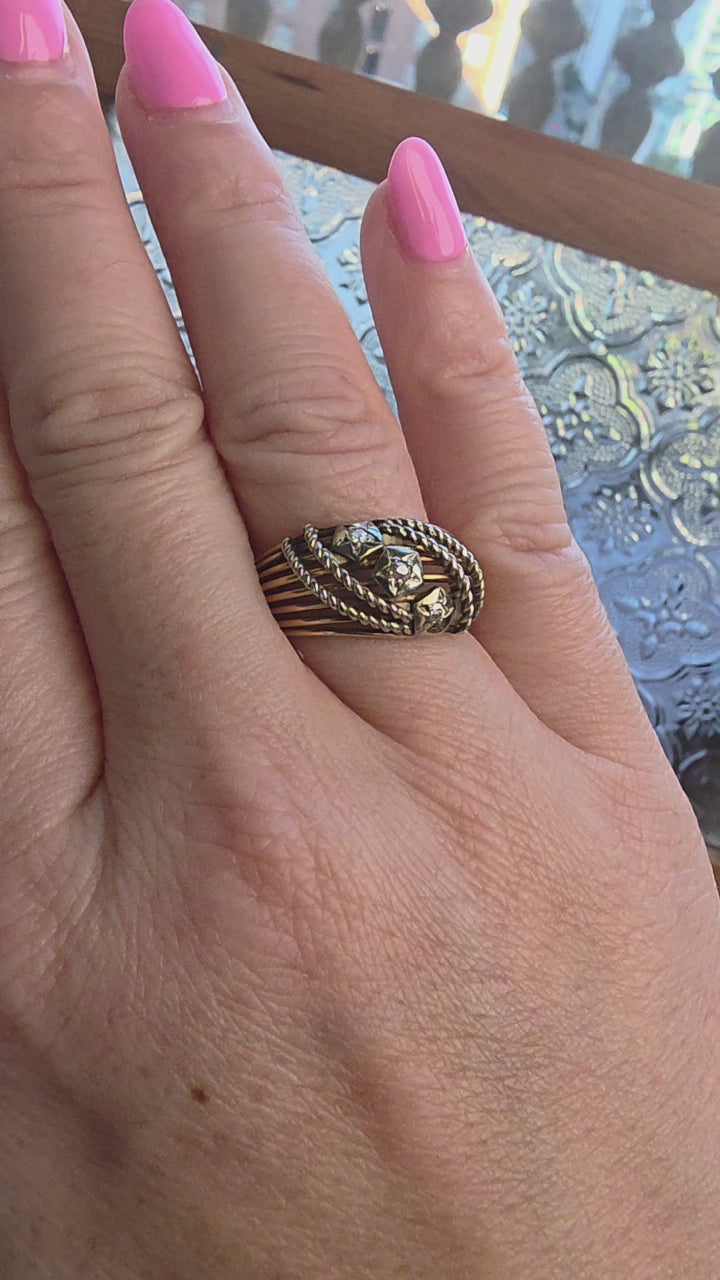 Vintage Italian 18K Gold Old Mine Cut Diamond Stars Ring Band