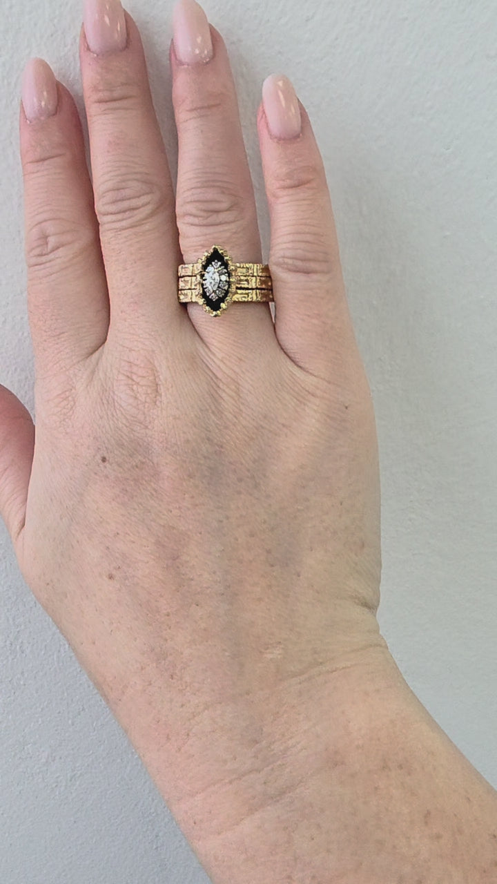 Vintage 14K Gold Marquise Diamond Black Enamel Chunky Navette Ring