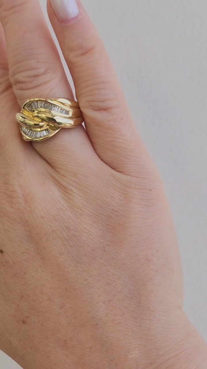 Vintage 0.60 Carat Diamond Baguette Knot Cocktail Ring 14K Yellow Gold