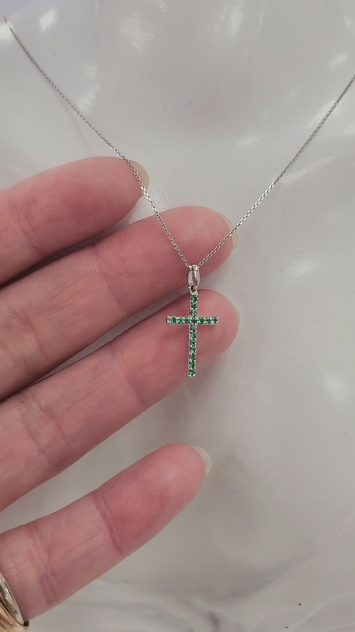 Green Emerald Cross 18K White Gold