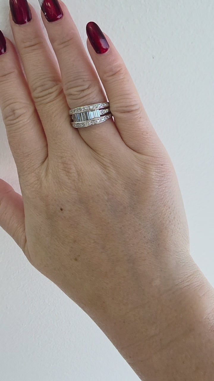 Platinum 1 Carat Baguette and Round Brilliant Diamond Three Row Band