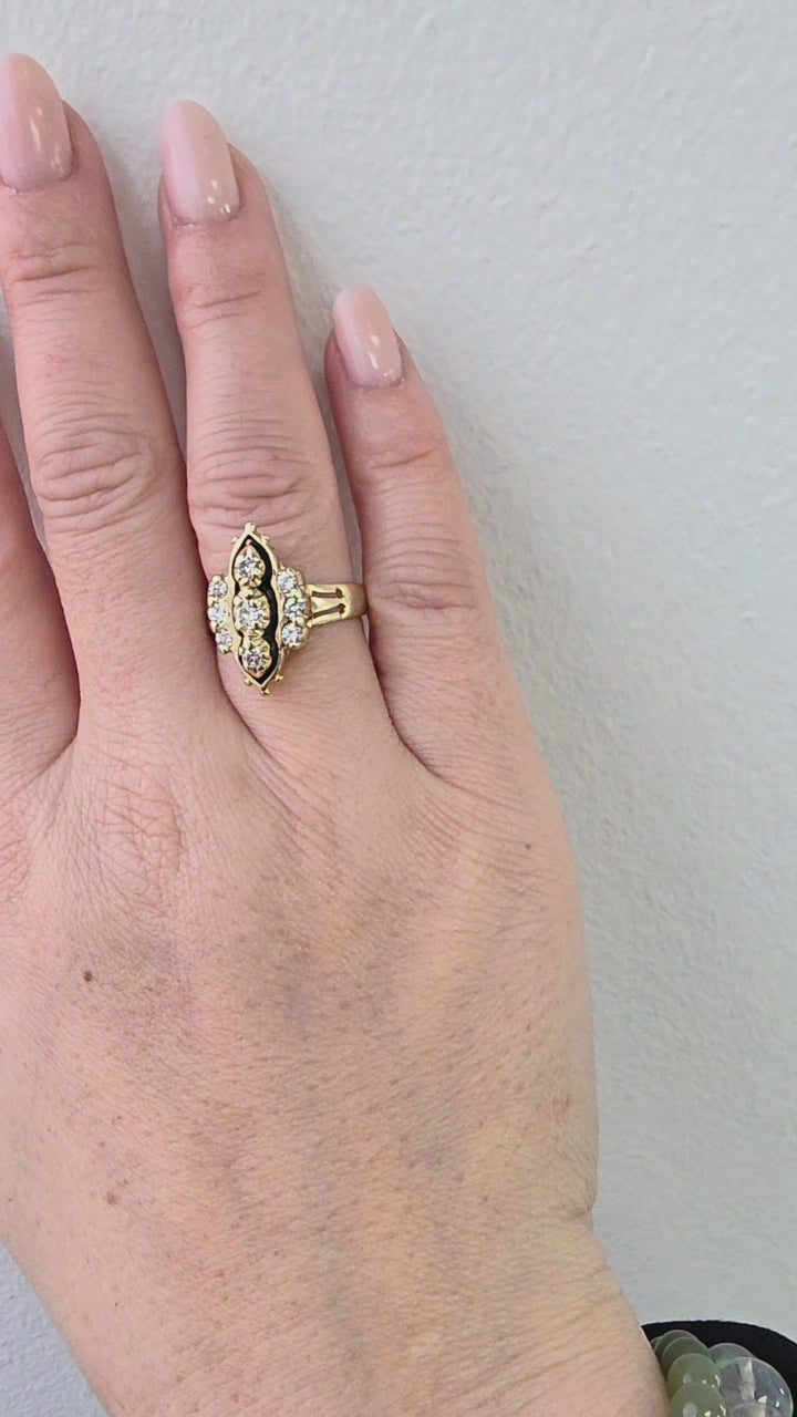 Vintage 14K Gold Diamond and Black Enamel Navette Ring