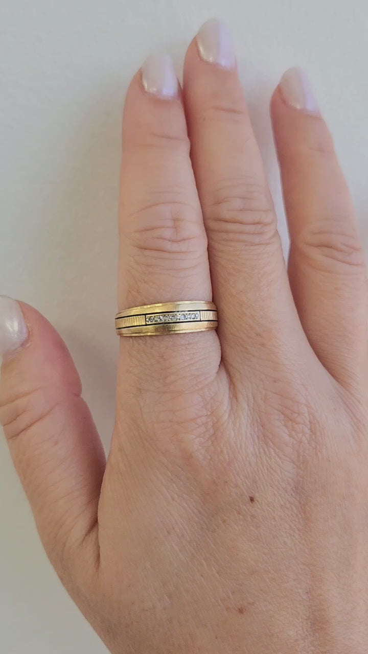 Retro Single Cut Diamond Black Enamel 14K Yellow Gold Band